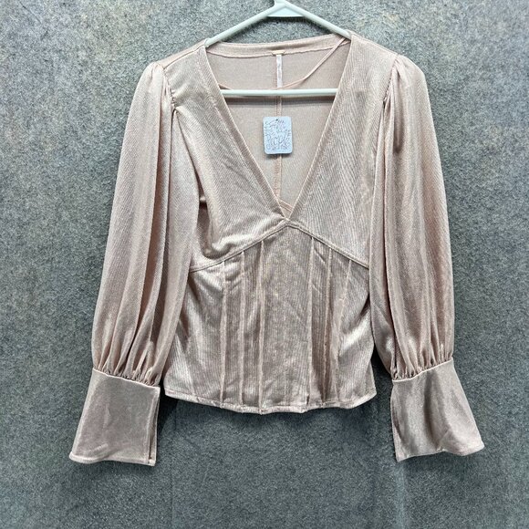 Free People Top Women Small Pink Rose Satin Velvet V Neck Long Sleeve Blouse NWT - Picture 1 of 11